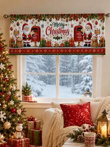 1pc Letters To Santa Christmas Kitchen Valance, Nostalgic North Pole Polyester Rectangular Rod Pocket Window Topper With Santa Mailbox Gift Boxes & Holly, Festive Short Curtain For Dining Room Family Christmas Deco - Multicolor - View 2