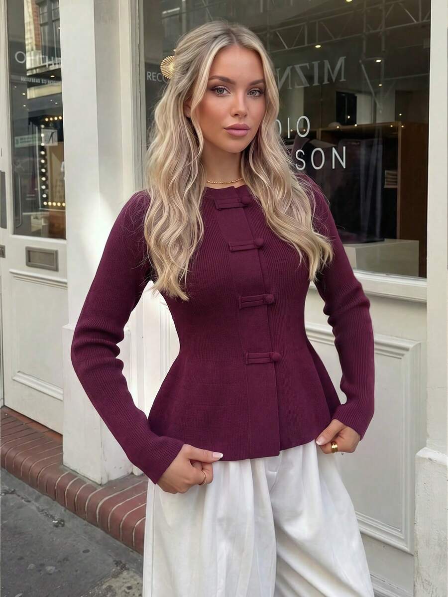 Women's Autumn Set: Vintage Burgundy Chinese Button Knit Cardigan, Round Neck Long Sleeve, Suitable For National Day And New Year