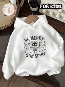 Kids Hooded Sweatshirt, Skeleton Bat Be Merry Stay Scary Letter Snowflake Graphic Print Cotton Pullover For Kids - White - View 2
