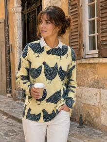Women's Elegant Chicken Print Crew Neck Pullover Sweater, Ribbed Knit Detail, Medium Stretch, Suitable For Autumn/Winter Daily Wear - Yellow - View 2