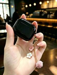 Solid Color Earphone Case + Flower Pendant Compatible With Apple Pro/Pro2/3rd Gen/1st Gen/2nd Gen/4th Gen/Pro3 Bluetooth Earphone Charging Case Protective Shell - Black - View 3