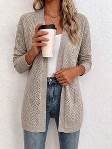 Plus Size Women's V-Neck Open Front Mid-Length Loose Knit Cardigan, Long Sleeve With Hollow-Out Jacquard Texture, Buttonless, Gray, Casual Minimalist Everyday Commute Autumn/Winter Outerwear For Dating - Khaki - View 5