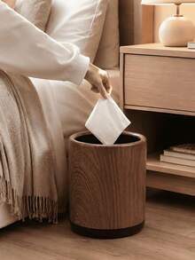 1pc Modern Retro Faux Wood Grain Round Double Layer Hidden Trash Can, Black Non-Slip Base, Bagless Design, Large Capacity, Suitable For Living Room, Bedroom, Nightstand, Bathroom, Office, Hotel And Home Decor, Japanese Minimalist Fashion Room Aesthetic Decoration, Thickened Anti-Drop Waste Paper And Miscellaneous Storage Bin, Bathroom Toilet Paper Basket - View 2