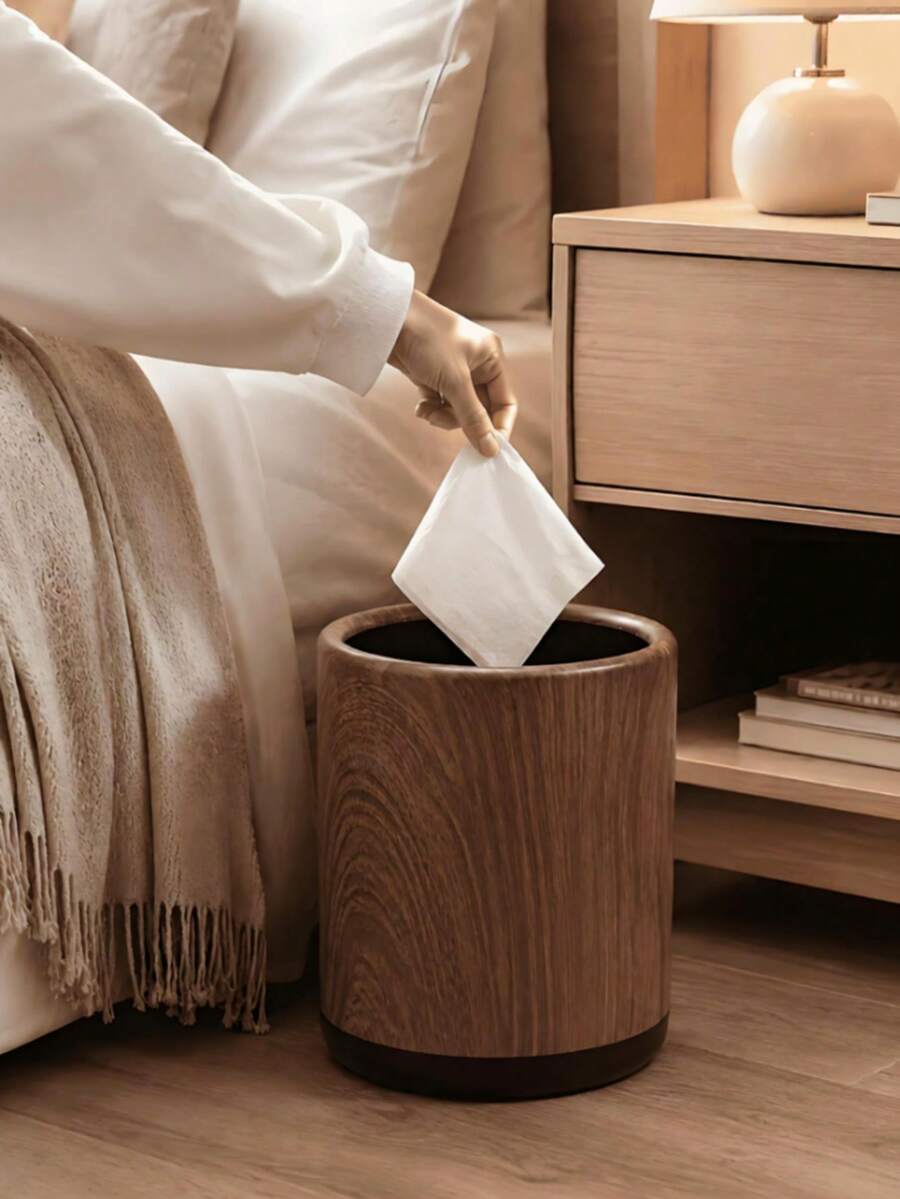 1pc Modern Retro Faux Wood Grain Round Double Layer Hidden Trash Can, Black Non-Slip Base, Bagless Design, Large Capacity, Suitable For Living Room, Bedroom, Nightstand, Bathroom, Office, Hotel And Home Decor, Japanese Minimalist Fashion Room Aesthetic Decoration, Thickened Anti-Drop Waste Paper And Miscellaneous Storage Bin, Bathroom Toilet Paper Basket