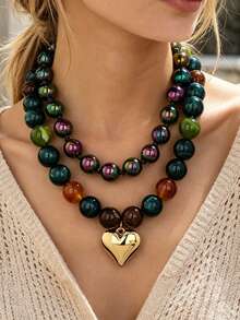 OABE 2pcs/Set Kalung Berlapis Manik-Manik Bulat Berwarna Gelap Gaya Bohemian dengan Liontin Hati Emas, Cocok untuk Pemakaian Sehari-hari Wanita - MultiWarna - View 8