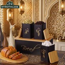 Myrothcane 4-Piece Moroccan Style Kitchen Storage Set, Black Gold Metal Bread Box With Bamboo Lid & Tea Sugar Coffee Canisters, Countertop Food Storage Containers - Black - View 3