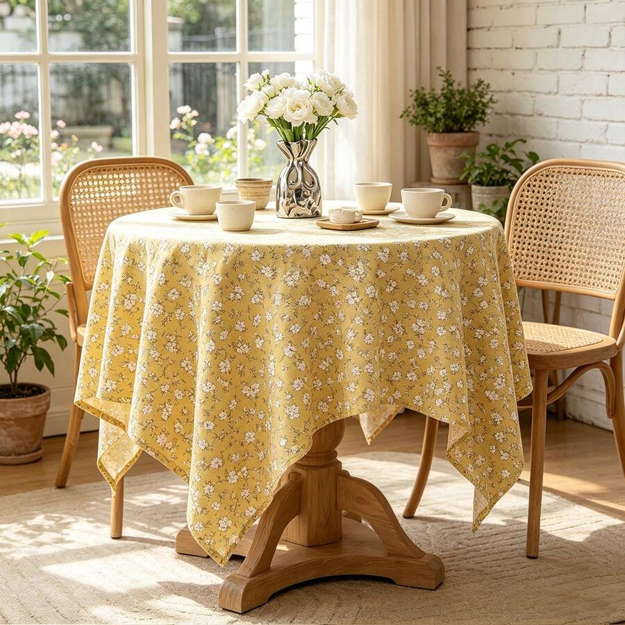 1pc Ditsy Floral Print Faux Linen Tablecloth, Faux Linen Texture Wear-Resistant Tablecloth, Suitable For Living Room, Bedroom, Dining Room, Balcony And Other Tabletop Protection And Decoration - Yellow - View 1