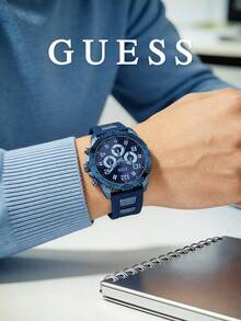 GUESS W0599G4 Men's Quartz Chronograph Watch, Blue Tone Case, Tachymeter Bezel, Blue Silicone Strap, 100m Water Resistant, Sports Racing Watch - W0599G4 - View 3