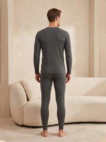 1 Set Autumn/Winter/Spring Knitted Wool & Silk Seamless Casual Home Loungewear Men's Medium Thickness Warm Set - Grey - View 2