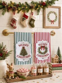 2pcs Red & Green Striped Classic Christmas Wreath & Christmas Tree Pattern Kitchen Towels, 40*60cm Soft Microfiber Tea Towels, Suitable For Home Kitchen, Restaurant, Outdoor Camping, Tabletop Cleaning, Dish Towel, Hand Towel, Christmas Theme Kitchen Towels, Holiday Gift - Multicolor - View 2