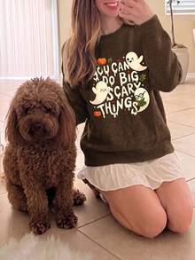 This Women's Vintage Distressed Wool Sweater Is Perfect For Mischief. The Cute Ghost And Pumpkin Print Is Ideal For Autumn And Winter Wear. - Brown - View 5