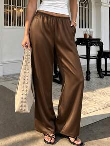 Women Brown Satin Elastic High Waist Bootcut Long Pants Solid Color Flowly Casual Trousers - Coffee Brown - View 1