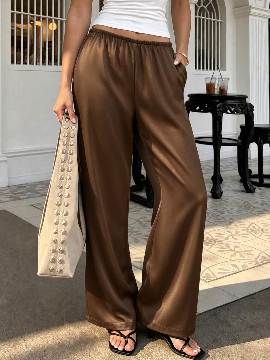 Women Brown Satin Elastic High Waist Bootcut Long Pants Solid Color Flowly Casual Trousers - Coffee Brown - View 1