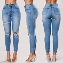 GADIS BAHAGIA # Mode Musim Semi Musim Panas Kasual Seksi Liburan Harian Perjalanan Celana Jeans Denim Wanita Sobek Sederhana Slim Fit Elastis Ketat - Biru - View 8
