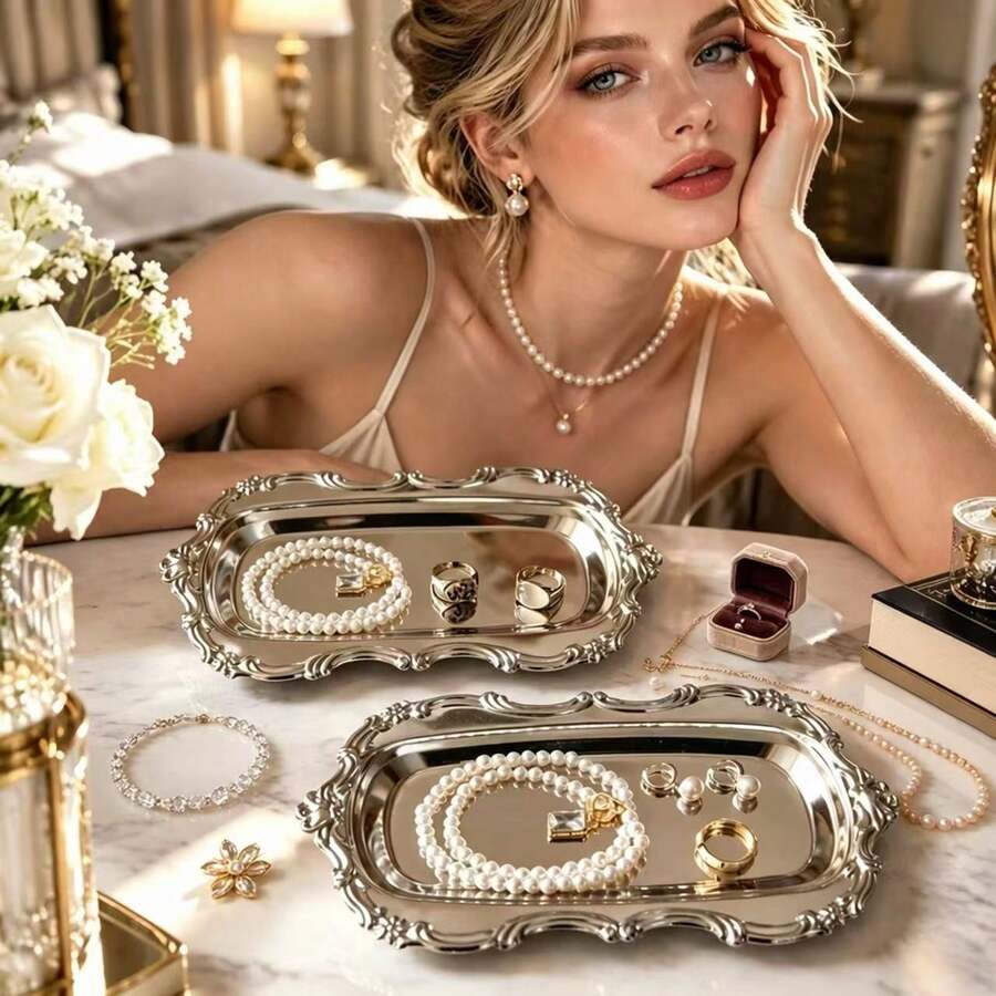 1/2 buah Nampan Perhiasan Anti Kusut untuk Kalung dan Anting, Piring Penyimpanan Anti Karat Desain Renda Stainless Steel 304, Cocok untuk Cincin, Kosmetik, dan Aromaterapi, Dekorasi Rumah Meja - Perak - View 1