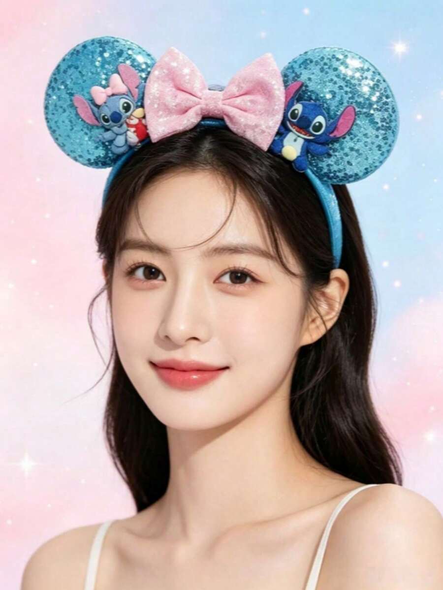 Hasbro Stitch Cartoon Party Headband, Mickey Mouse Sequin Ears Bow Hair Accessory, Amusement Park Decoration - Multi-color - View 1