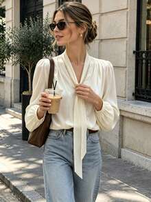 Women's Elegant Satin Blouse Lace Splice V Neck Bow Tie Neck Puff Sleeve French Style  - Beige - View 6