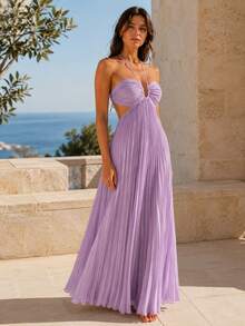Women's Light Purple Pleated Spaghetti Strap Dress, Ruched Bust Open Back Flowy Summer Dress Elegant - Mauve Purple - View 2