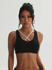 Women's Solid Color Removable Padded Racerback Criss-Cross Sports Knit Bra - Black and White - View 5