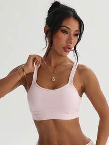 Women's Solid Color Removable Padded Round Neck Backless Sports Knit Bra - Pink - View 5