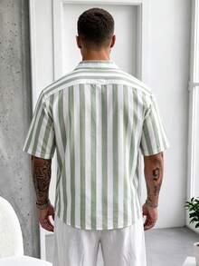 男士夏季短袖條紋襯衫，休閒時尚設計，日常穿著 - 薄荷綠 - 查看 5