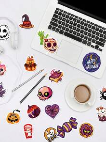 50Pcs Cartoon Cool Halloween Stickers, Pumpkin Ghost Skull Castle Potion Elements, High‑Saturation Contrast Illustration, For Journal, Water Bottle, Notebook, Storage Box Decoration - Multicolor - View 3