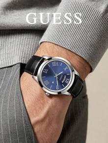 GUESS Men's Business Blue Dial Quartz Watch With Roman Numeral Day Date Display, Crocodile Embossed Black Leather Strap, Minimalist Commuter Wristwatch, Gift - Black - View 4