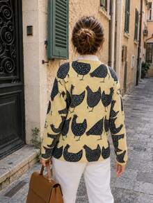 Women's Elegant Chicken Print Crew Neck Pullover Sweater, Ribbed Knit Detail, Medium Stretch, Suitable For Autumn/Winter Daily Wear - Yellow - View 5