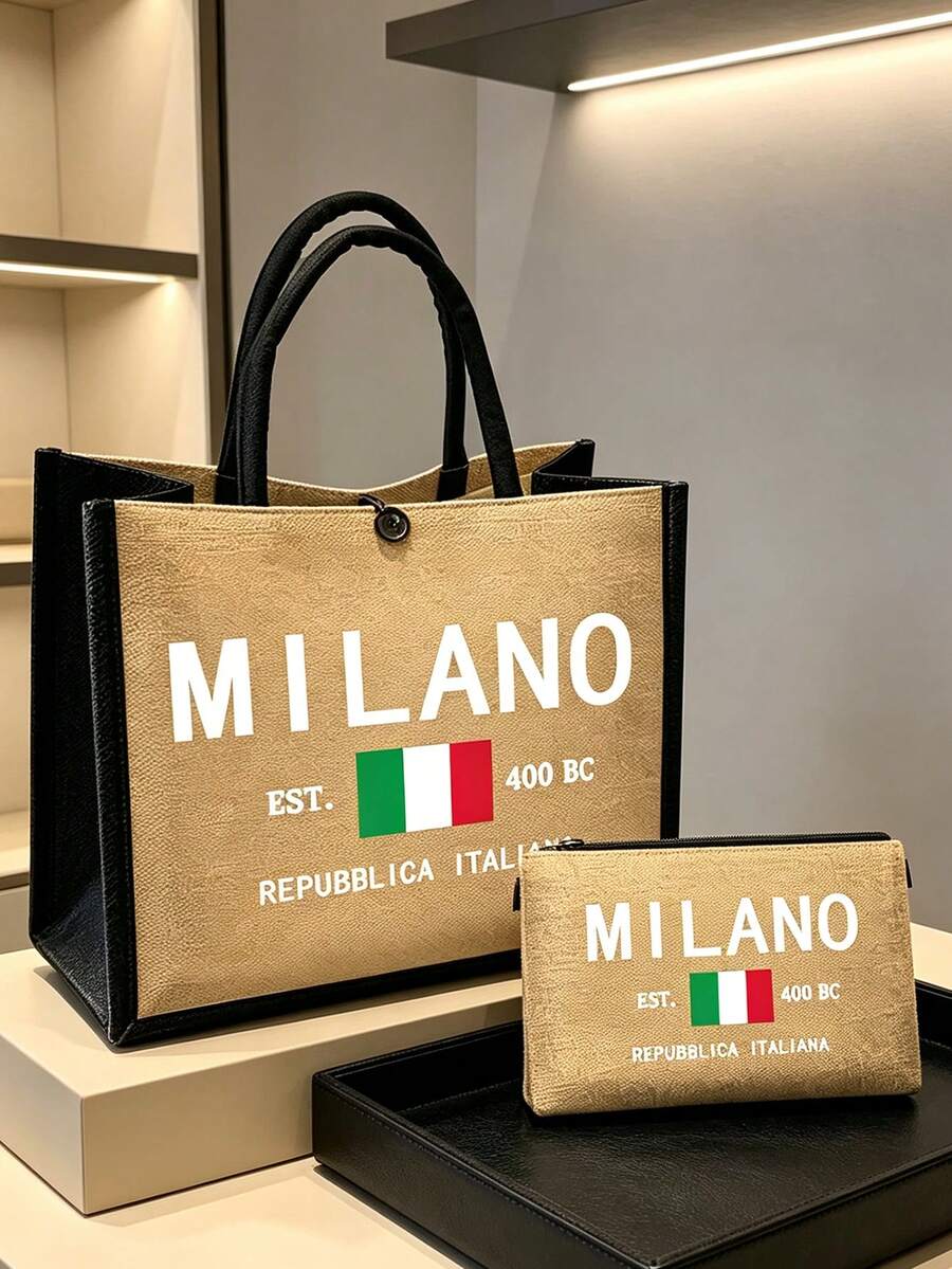 亞麻托特包套組,包含一個印有「Milan」字樣的托特包和一個印花小收納袋,字母與花卉圖案設計,附個性化禮品包裝,大包與小包組合,適合婚禮、生日、海灘、假期等場合,送給女性、母親、老師、朋友、伴娘、學生的完美禮物,開學季適用 - 彩色 - 查看 1