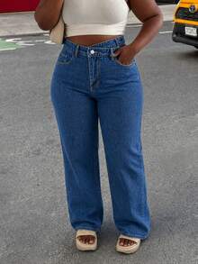 Plus Size Women's Casual Slanted Waist Loose Tapered Denim Jeans With Pockets - Dark Wash - View 3
