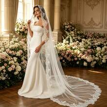1pc Mantilla Bridal Court Style Long Veil Headpiece With Hair Comb, Lace Trim Mesh Shawl Wedding Dress Accessory For Women - A - View 3