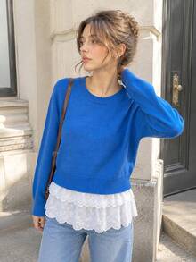 Women's Knitted Round Neck Pullover Sweater Top, Long Regular Sleeve, Medium Elasticity, Autumn Daily Wear - Blue - View 8
