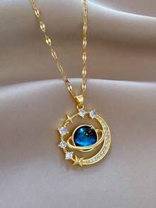 1pc Stainless Steel Women's Necklace, Moon-Shaped Pendant Decorated With Starry Stone And Rhinestones (Necklace Box Not Included) - Gold - View 13