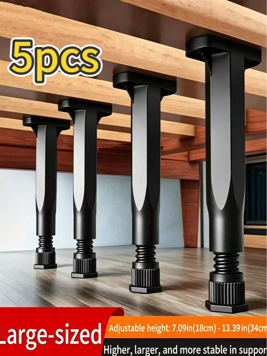 5pcs Adjustable Bed Frame Support Legs, Suitable For Multiple Height Ranges, Fits Double And Full Size Beds, Easy Installation, No Power Required. Sturdy And Durable Furniture Support Feet, Suitable For Bed Frame/Sofa/Vanity/Chair/Table And Other Furniture. - Black - View 1