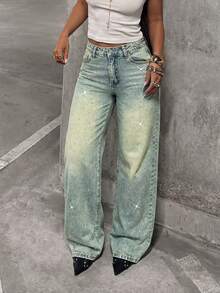 Mid-To-High Waist Distressed Washed Rhinestone Wide Leg Denim Jeans, Women's Vintage Loose Drapey Floor-Length Pants, Street Fashion Style - Nostalgic Color - View 3