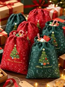 1/2pcs Christmas Drawstring Gift Bags, Red & Green Holiday Storage Pouches, Multi-Purpose Portable Packaging For Gifts And Holiday Storage, Suitable For Christmas Gifting And Party Favors - Multicolor - View 1
