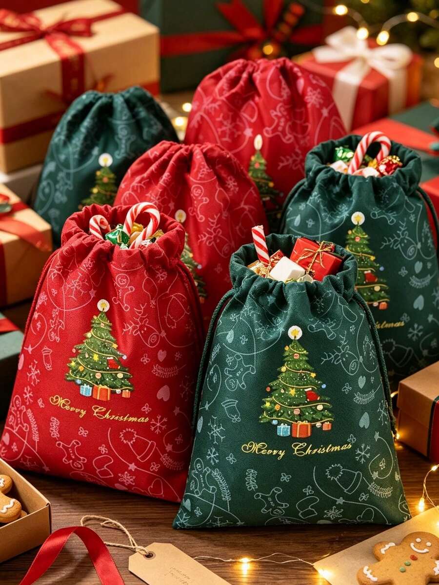 1/2pcs Christmas Drawstring Gift Bags, Red & Green Holiday Storage Pouches, Multi-Purpose Portable Packaging For Gifts And Holiday Storage, Suitable For Christmas Gifting And Party Favors - Multicolor - View 1