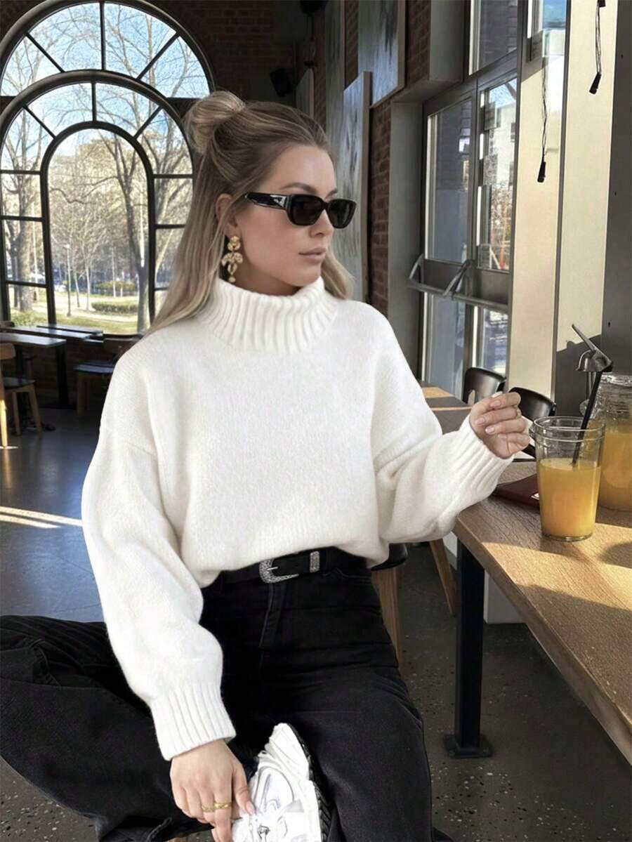 Women's Winter High Neck Ribbed Knit Pullover Sweater, Loose Long Sleeve High Elastic Warm Top, Suitable For Autumn/Winter Wear - White - View 1