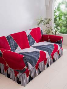 1pc Tropical Southeast Asian Style Ruffle Lace Trim Geometric Pattern Printed Living Room Stretch Spandex Sofa Cover Protector For Chaise Lounge Combination L-Shaped Sofa Cushion Full Cover 1/2/3/4 Seater - Multicolor - View 1