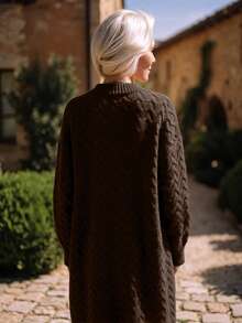 NZZOF Women's Solid Color V-Neck Long Knit Cardigan Single-Breasted Casual Loose Sweater Jacket - Coffee Brown - View 2