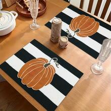 1/4/6pcs Autumn Series Black & White Striped Hand-Painted Pumpkin Pattern Printed Placemats, Heat-Resistant Table Mats For Home Kitchen, Table Protection, Kitchen Dining Table, Party Decor - Multicolor - View 4