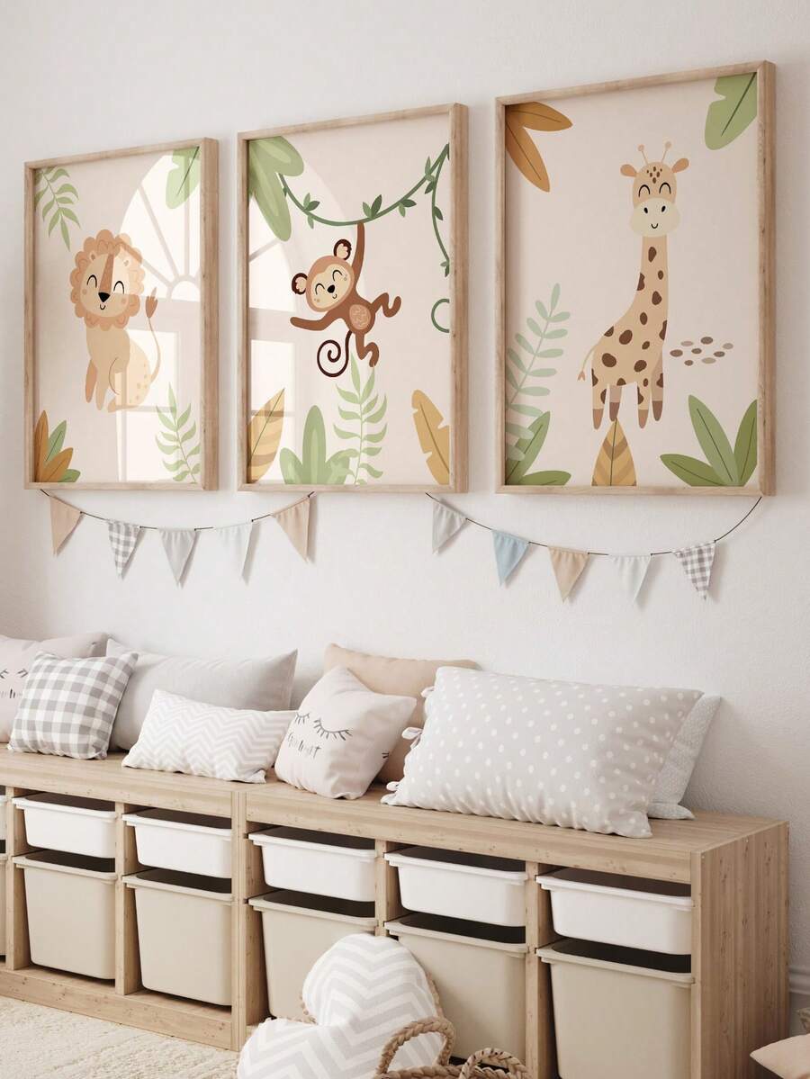 1pc Canvas Framed Wall Art Decor For Baby Nursery, Bohemian Jungle