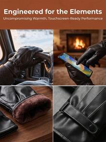 Men's Faux Leather Winter Warm Driving Gloves Finger Touch Screen Motorcycle Riding Gloves With Fur Lining - Black - View 5