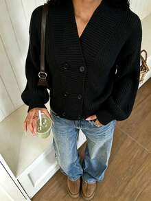 Autumn/Winter Design Stand Collar Button Front Cardigan, Elegant Casual Style Lantern Sleeve Loose Fit Versatile Knit Sweater Jacket - Black - View 5