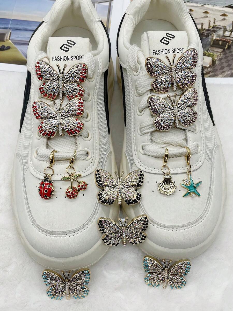 4PCS/Set Bling Rhinestone Butterfly Shoe Lace Charms Accessories Starfish Shell Decorative Shoelace Clips DIY Pendants Decorations Cherry Shoe Buckles