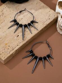 1 Pair Punk Style Spiky Tassel & Black Bead Hoop Earrings, Best Accessory For Concerts, Parties, Daily Wear And Street Rock - Gun Black - View 3