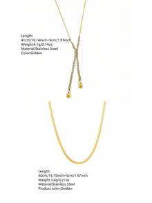 VceTd 2PCS Fashion Elegant Y-Shaped Necklace With Flat Blade Chain Layered Stainless Steel Women's Necklace Set Suitable For Daily Wear, Party Or Gift - Yellow Gold - View 2