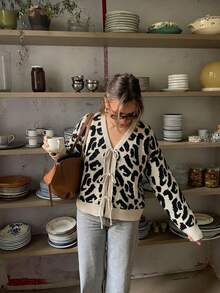 Women's Fashion Leopard Print Cardigan Long Sleeve V-Neck Tie Ribbed Knit Sweater For Look - Apricot - View 5