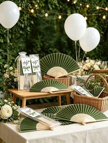 1/5/10pcs Elegant Green Wedding Folding Fan Set, Includes Tags And Gift Bags, Bride Bamboo Handheld Folding Fan, Suitable For Bridesmaid Gifts, Wedding Decor And Party Events, Perfect Summer Accessory - Multicolor - View 5