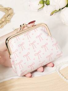 Fashion Bow Printed Coin Purse With Closed Clip, Women's Short Multifunctional Coin Purse, Driver's License Wallet, Card Bag - Pink - View 13